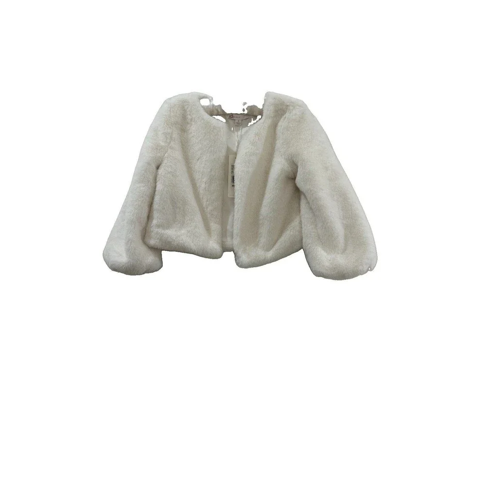 GB Girls Faux Fur Bolero Shrug Jacket Sz 6 Ivory Cropped Wedding Party Dressy